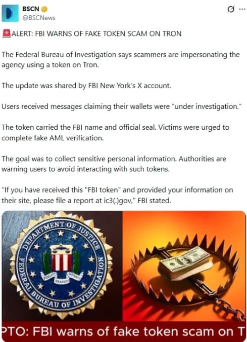 LE FBI AVERIT D'UNE ESCROQUERIE DE FAUX JETONS SUR TRON