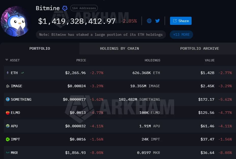 Bitmine Portfolio on Arkham Intelligence on 30 April 2026
