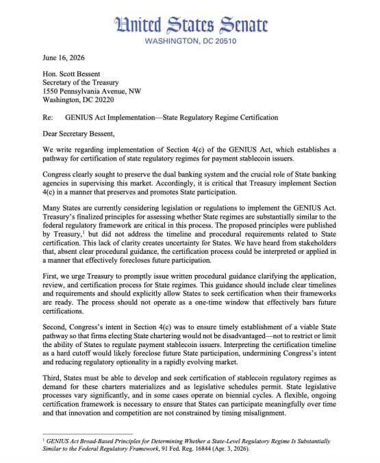 US Senate Letter to Treasury Secretary Scott Bessent on GENIUS Act Implementation. Source: US Senate