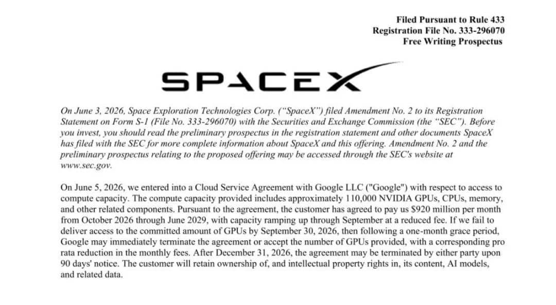 SpaceX SEC Form S-1 Amendment Details on Google Cloud Agreement. Source: SEC Filing